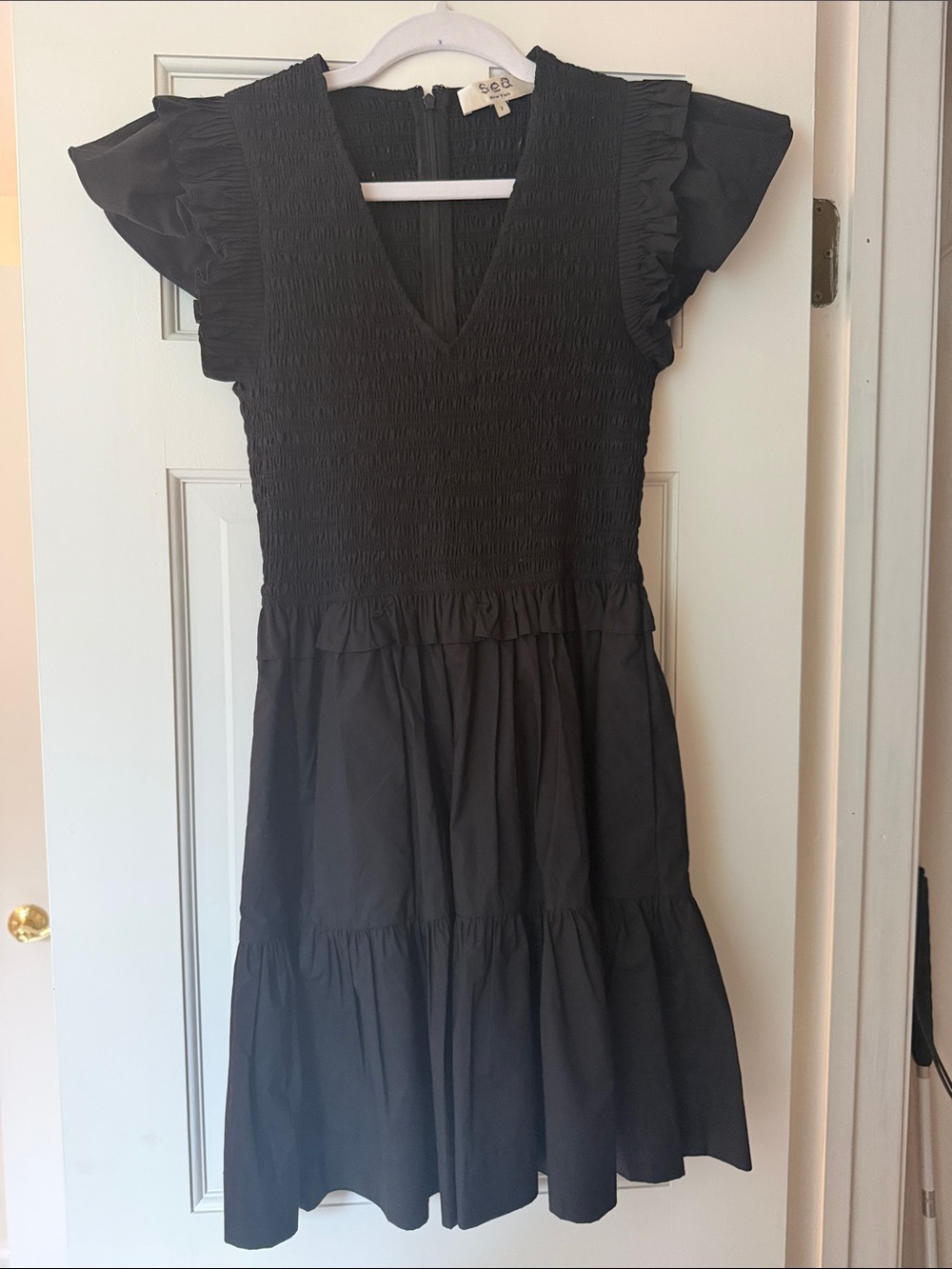 Sea Black Smocked Tiered Dress with Flutter Sleeves